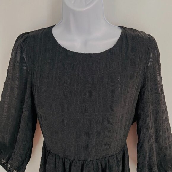 Madewell Puff-Sleeve Ruffle-Hem Mini Dress Size 00 Black Lined Woven Plaid - Picture 2 of 16